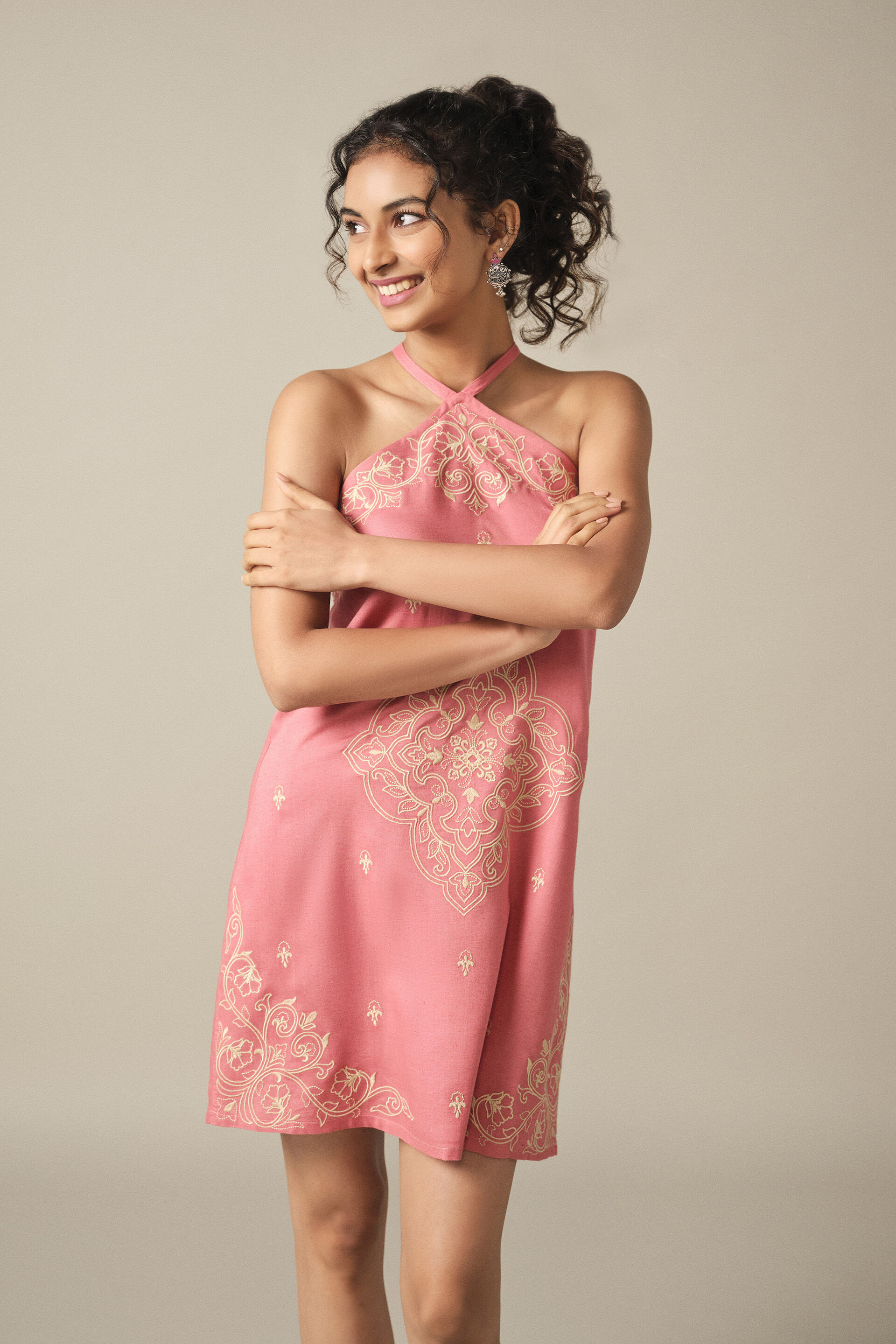 Criss-Cross Embroidered Mini Dress in Pink